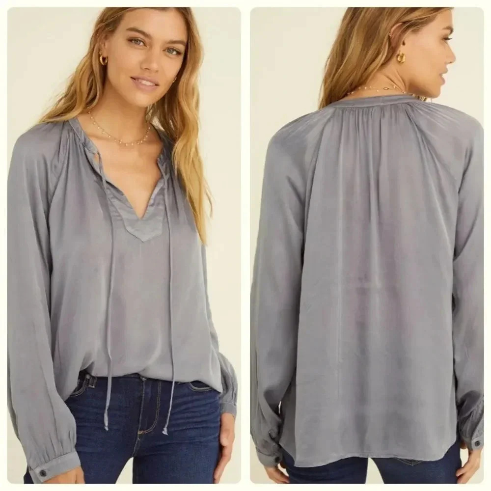 Bella Dahl Long Sleeve Tie Neck Pullover Blouse Glacier Size Small NWT New